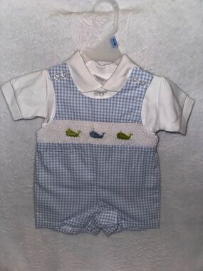 Starting Out Blue Gingham Whale Smocked Shorts romper
3 months
